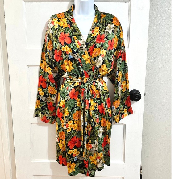 Victoria's Secret Y2K 100% Silk Tropical Floral Robe Kimono XS/S Multicolor